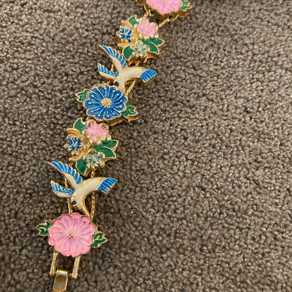 Floral Enamel vintage Bracelet with Blue birds and Pink florals.